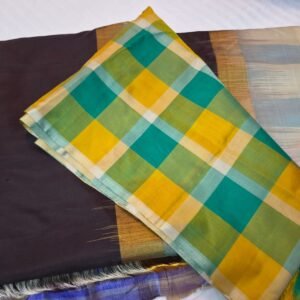 Kanjivaram Dark Brown with yellow Green Check